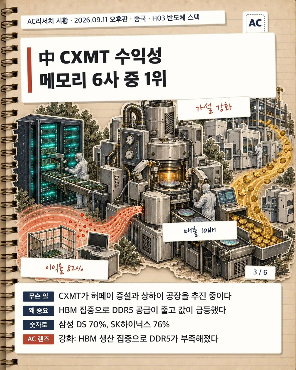 中 CXMT 수익성 메모리 6사 중 1위