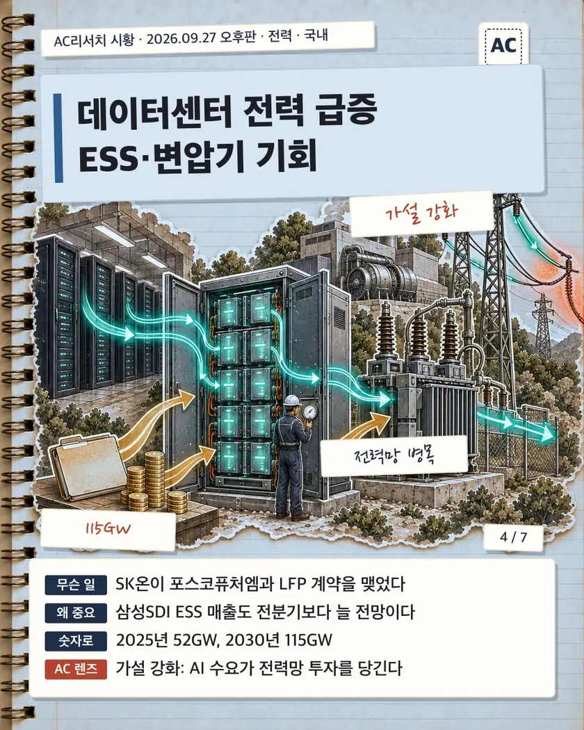 데이터센터 전력 급증 ESS·변압기 기회