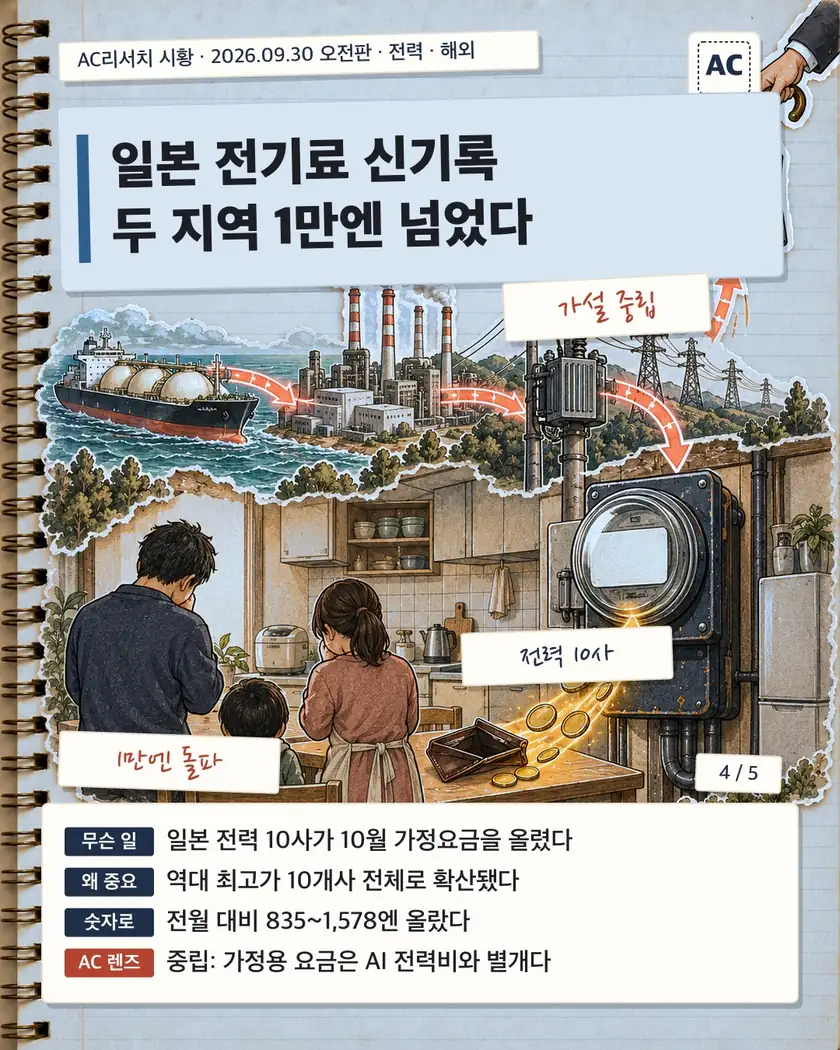 일본 전기료 신기록 두 지역 1만엔 넘었다